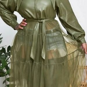 Faux Leather Jacket with Tulle Bottom